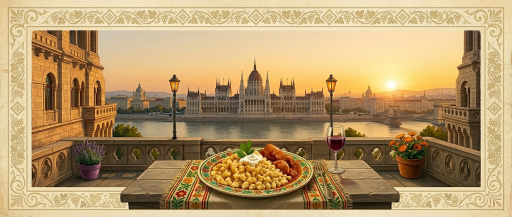 A painted scene of Nokedli served with paprik&aacute;s on a Hungarian folk-art plate, with Budapest and the Danube at golden hour in the background.
