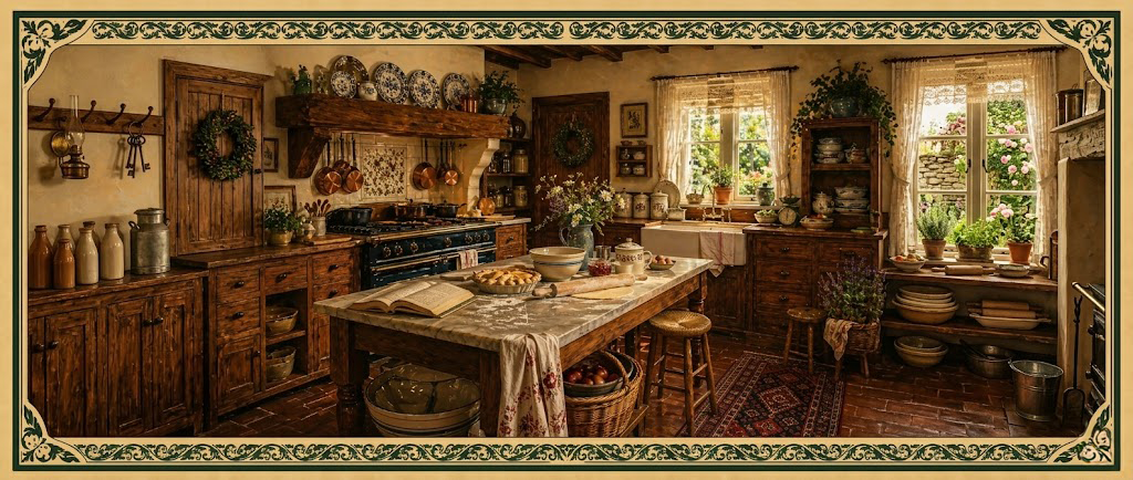 A grandmother's kitchen, warmly lit, with a wooden table, copper pans on hooks, and an open window onto a courtyard garden.