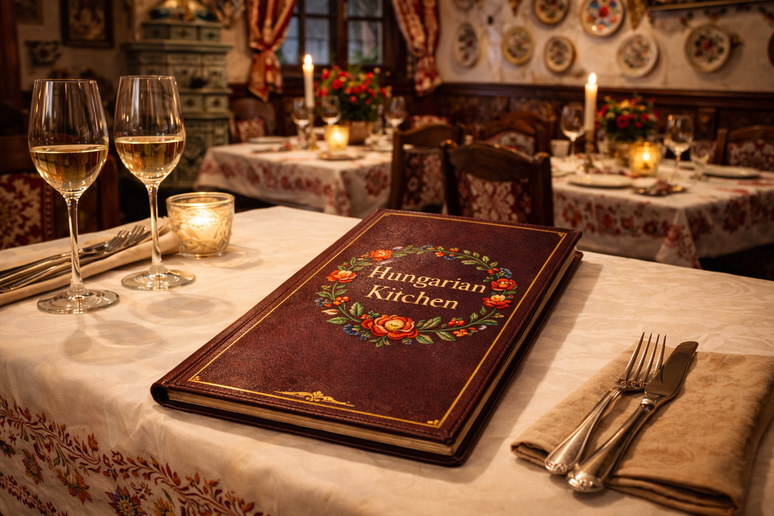 A leather bound menu titled Hungarian Kitchen resting on a tavern table.