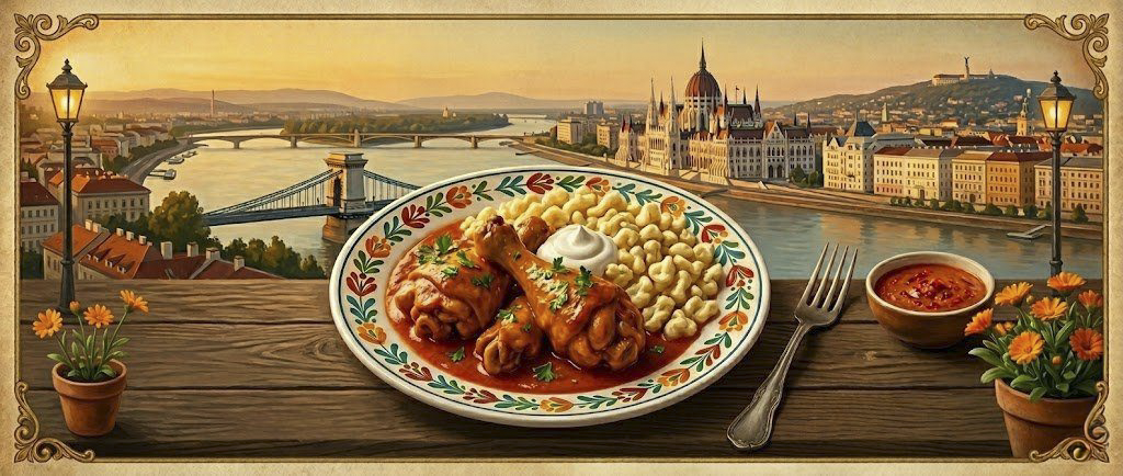A painted scene of Chicken Paprikas served on a Hungarian folk-art plate with Budapest at golden hour in the background.