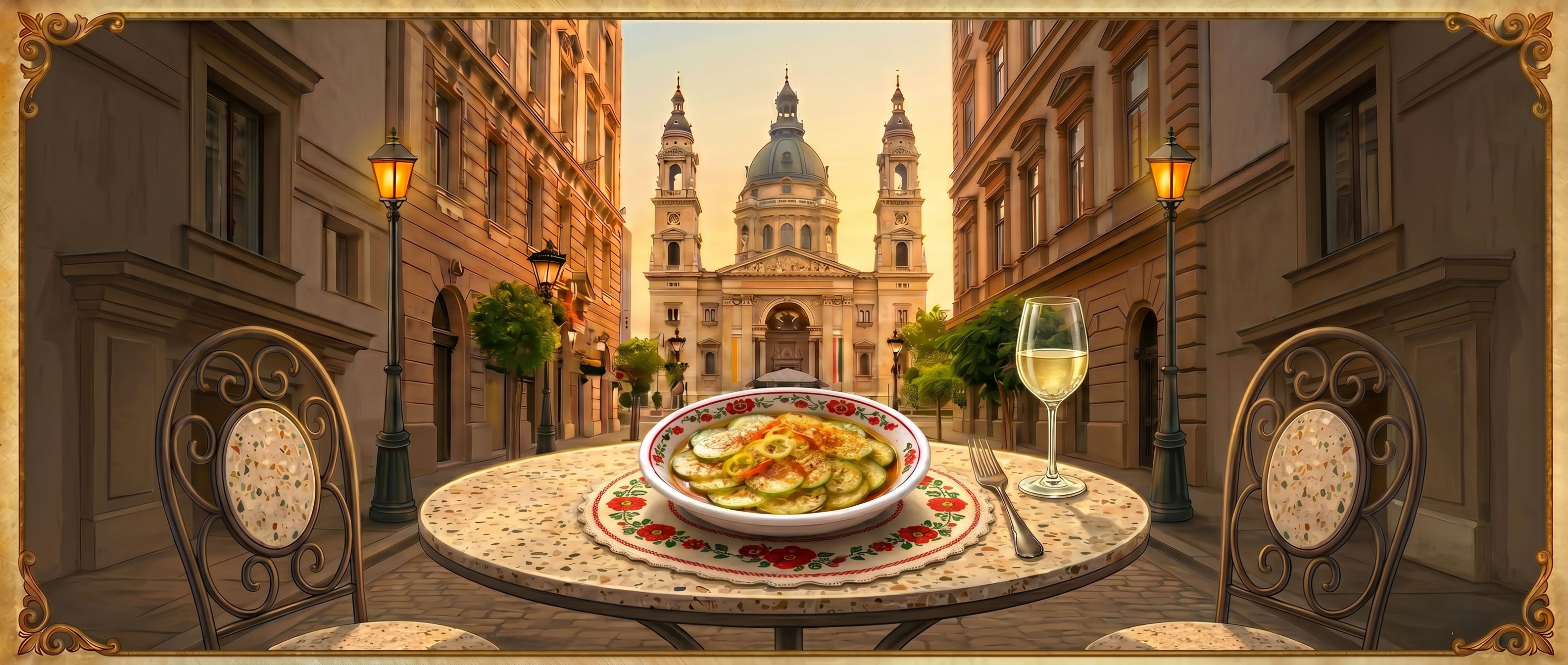 A painted scene of Uborkasal&aacute;ta, thinly sliced cucumbers dressed with vinegar and bloomed sweet paprika, served cold in a rustic Hungarian ceramic bowl.